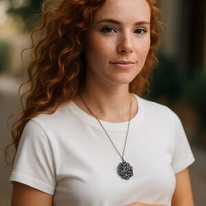 Vintage Silver Rose Medallion Necklace with Blue Rhinestones Floral Pendant